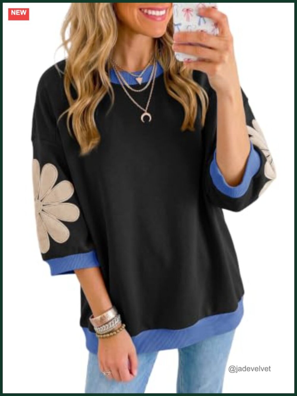 Dokotoo Womens 3/4 Sleeve Floral Patch Sweatshirt Crewneck Pullover